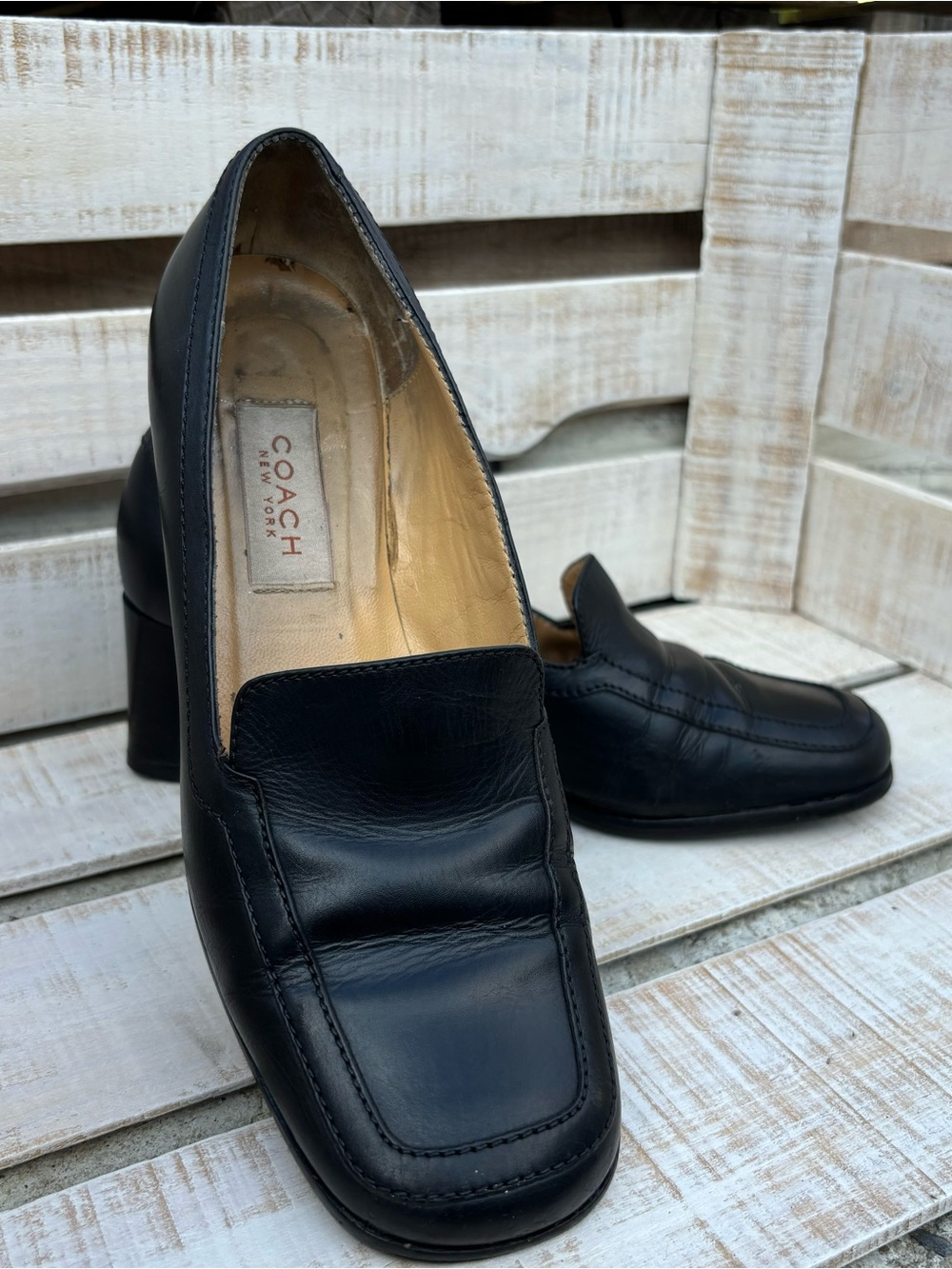 Vintage Coach Black Leather Loafers Womens 7B Block Heel Made in Italy